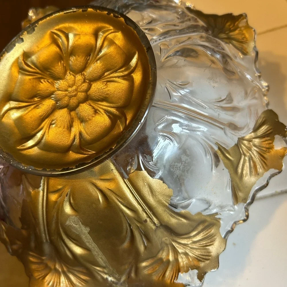 Antique Goofus Glass Bowl Red Carnation Gold Scalloped Intaglio Floral Dish MCM